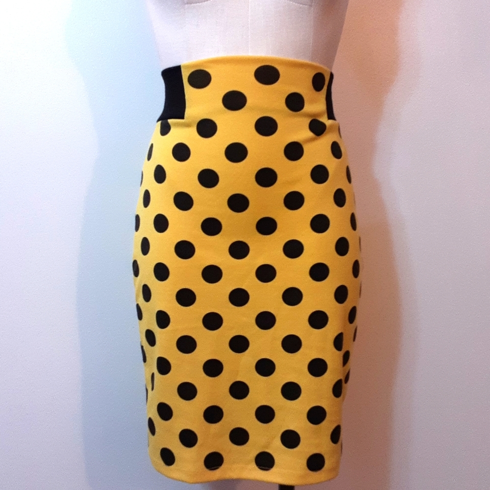 Gabriella Rocha Yellow and Black Polka Dot Midi Pencil Skirt